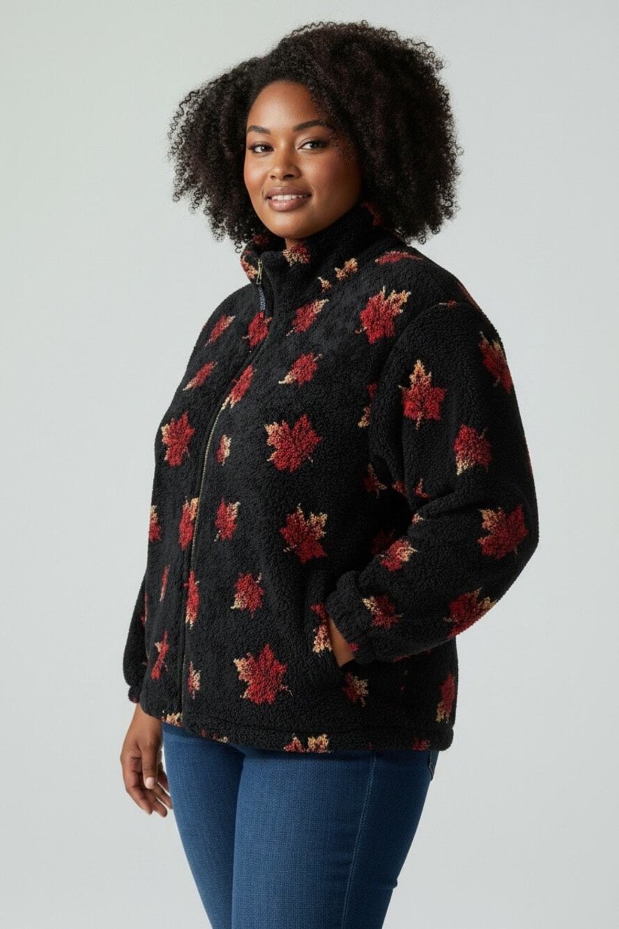 Quality Goods Canada Vtg 90s Fuzzy Fleece Jacket with Maple Leaf Print Zip-up